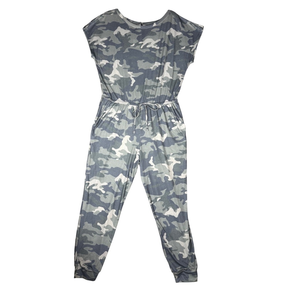 Prettygarden Camo Jumpsuit XL Blue Grey Short Sleeve Jogger Drawstring Waist NEW